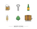 Flat line beer icons. Vector beer or brewery related symbols set. Beer bottle, barrel, wheat and more Royalty Free Stock Photo