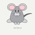 Flat line color vector icon with cute animal for baby products - mouse. Cartoon style. Childrens doodle. Babyhood