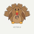 Flat line color vector icon with cute animal for baby products - turkey. Cartoon style. Childrens doodle. Babyhood