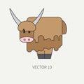 Flat line color vector icon with cute animal for baby products - yak. Cartoon style. Children doodle. Babyhood. Newborn