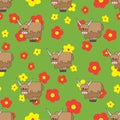 Flat line color vector seamless pattern cute animal for baby products - yak. Cartoon style. Children doodle. Flowers Royalty Free Stock Photo