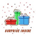 Flat line concept Gift boxes, surprise inside, vector