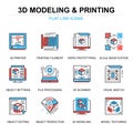 Flat line 3D printing and modeling icons concepts set for website and mobile site and apps. Royalty Free Stock Photo