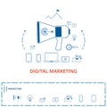 Flat line design digital marketing concept. Megaphone with digital marketing technology, analytics, social media marketing icons Royalty Free Stock Photo
