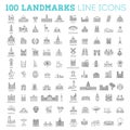 100 Flat line design style vector illustration icons set and logos of top tourist attractions, historical buildings Royalty Free Stock Photo
