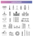 Simple linear Vector icon set representing global tourist asian landmarks and travel destinations for vacations Royalty Free Stock Photo