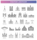 Simple linear Vector icon set representing global tourist european landmarks and travel destinations for vacations. Royalty Free Stock Photo