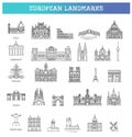 Simple linear Vector icon set representing global tourist european landmarks and travel destinations for vacations. Royalty Free Stock Photo