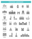 Simple linear Vector icon set representing global tourist european landmarks and travel destinations for vacations. Royalty Free Stock Photo