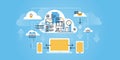 Flat line design website banner of cloud computing