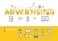 Flat line design word ADVERTISING with icons and elements.