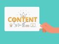 Flat line design word content concept. Hand holding content digital marketing with icons and elements. Royalty Free Stock Photo