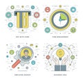 Flat line Employee Search, Payment, Time Management, Business Idea Concepts Set Vector illustrations.