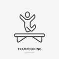 Flat line icon of happy people jumping on trampoline. Thin linear logo for amusement park, corporate party entertainment