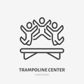 Flat line icon of happy people jumping on trampoline. Trampolining sign. Thin linear logo for amusement park, corporate