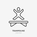 Flat line icon of happy people jumping on trampoline. Trampolining sign. Thin linear logo for amusement park, corporate