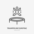 Flat line icon of happy person jumping on trampoline. Trampolining sign. Thin linear logo for amusement park, corporate