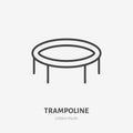 Flat line icon of round trampoline with net. Trampolining sign. Thin linear logo for amusement park
