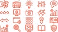 Flat line icon set showing orange gear settings network and analytics icons in neat grid layout, top view, minimal style Royalty Free Stock Photo