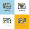 Flat line icons set of consulting, promotion, pay per click Royalty Free Stock Photo