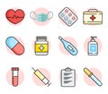 Flat line icons set of online medical support, family medicine, health insurance, pharmacy, medical services. Colorful web and Royalty Free Stock Photo