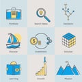 Flat line icons set of portfolio, search ideas