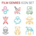 Flat line icons set of professional film production, movie shooting, studio showreel, actors casting, storyboard writing and post Royalty Free Stock Photo