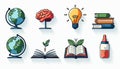 Flat line icons set shows brain, book, globe, and light bulb. Concepts like knowledge, learning, and ideas are represented by Royalty Free Stock Photo