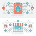 Flat line Internet Commerce and Online Shopping. Vector illustration. Royalty Free Stock Photo