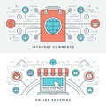 Flat line Internet Commerce and Online Shopping. Vector illustration. Royalty Free Stock Photo