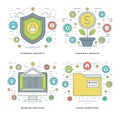 Flat line Internet Security, Financial Growth, Banking Services, Business Concepts Set Vector illustrations. Royalty Free Stock Photo