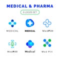 Flat line medicine icons blue and green logos set, web online concept.Logo of pills, medical cross, pharmaceutical icons Royalty Free Stock Photo