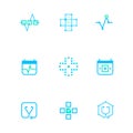 Flat line medicine icons monochrome blue emblem logos,web online concept.Logo of Heart pulse,red cross,medical chart