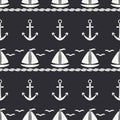 Flat line monochrome vector seamless pattern ocean boat with sail, anchor. Cartoon retro style. Regatta. Seagull. Summer