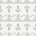 Flat line monochrome vector seamless pattern ocean boat with sail, anchor. Cartoon retro style. Regatta. Seagull. Summer