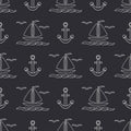 Flat line monochrome vector seamless pattern ocean boat with sail, anchor. Cartoon retro style. Regatta. Seagull. Summer