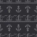 Flat line monochrome vector seamless pattern ocean boat with sail, anchor. Cartoon retro style. Regatta. Seagull. Summer