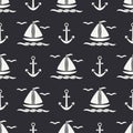 Flat line monochrome vector seamless pattern ocean boat with sail, anchor. Cartoon retro style. Regatta. Seagull. Summer