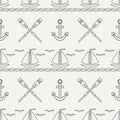 Flat line monochrome vector seamless pattern ocean boat, sail, paddle, anchor. Cartoon retro style. Regatta. Seagull Royalty Free Stock Photo