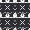 Flat line monochrome vector seamless pattern ocean boat, sail, paddle, anchor. Cartoon retro style. Regatta. Seagull Royalty Free Stock Photo