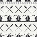 Flat line monochrome vector seamless pattern ocean boat with sail, paddle. Cartoon retro style. Regatta. Seagull. Summer Royalty Free Stock Photo