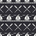 Flat line monochrome vector seamless pattern ocean boat with sail, paddle. Cartoon retro style. Regatta. Seagull. Summer Royalty Free Stock Photo