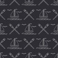 Flat line monochrome vector seamless pattern ocean boat with sail, paddle. Cartoon retro style. Regatta. Seagull. Summer Royalty Free Stock Photo
