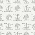 Flat line monochrome vector seamless pattern ocean boat, sail, palm, island. Cartoon retro style. Regatta. Seagull Royalty Free Stock Photo