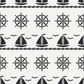 Flat line monochrome vector seamless pattern ocean boat, sail, steering wheel. Cartoon retro style. Regatta. Seagull Royalty Free Stock Photo