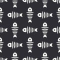 Flat line monochrome vector seamless pattern ocean fish bone, skeleton. Simplified retro. Childish cartoon style. Skull Royalty Free Stock Photo