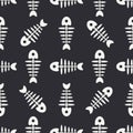 Flat line monochrome vector seamless pattern ocean fish bone, skeleton. Simplified retro. Childish cartoon style. Skull Royalty Free Stock Photo