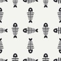 Flat line monochrome vector seamless pattern ocean fish bone, skeleton. Simplified retro. Childish cartoon style. Skull Royalty Free Stock Photo