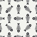 Flat line monochrome vector seamless pattern ocean fish bone, skeleton. Simplified retro. Childish cartoon style. Skull Royalty Free Stock Photo