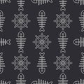 Flat line monochrome vector seamless pattern ocean fish bone, skeleton with steering wheel. Retro cartoon style. Skull Royalty Free Stock Photo